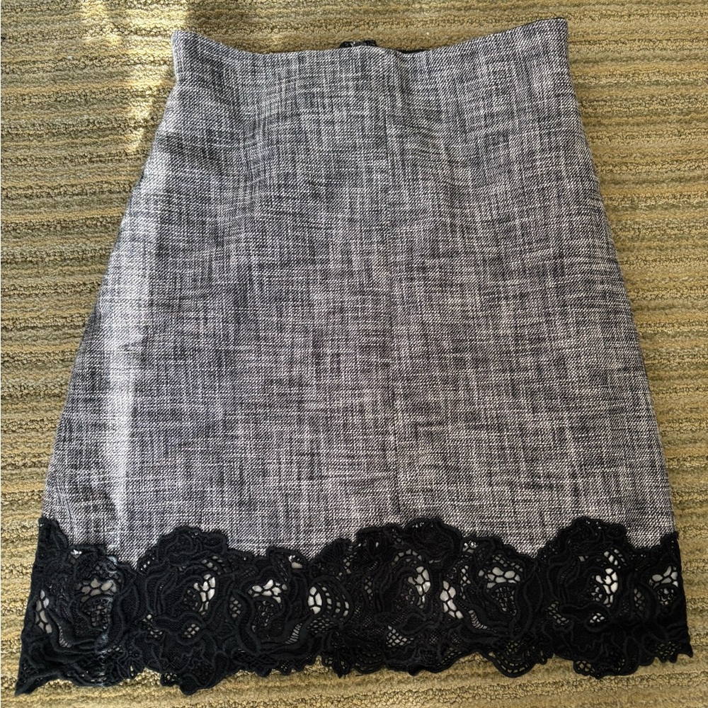 Rebecca Taylor Black Lace Trim Gray Pencil Skirt